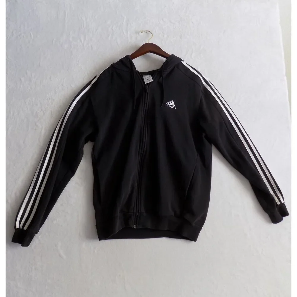 Adidas Mens 3-Stripes Full Zip Hoodie Black‎ White Medium Fleece Hooded